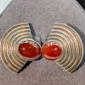 Vintage 80s Signed Nelson Levine Art Deco Style Carnelian Sterling Clip Earrings